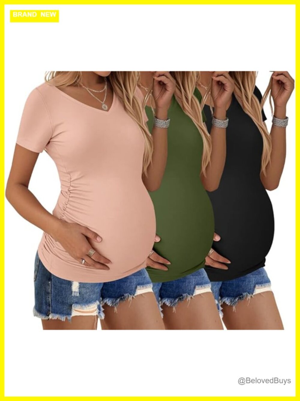 Maternity V Neck Short Sleeve Side Ruched Tunic Tee 3 Pack